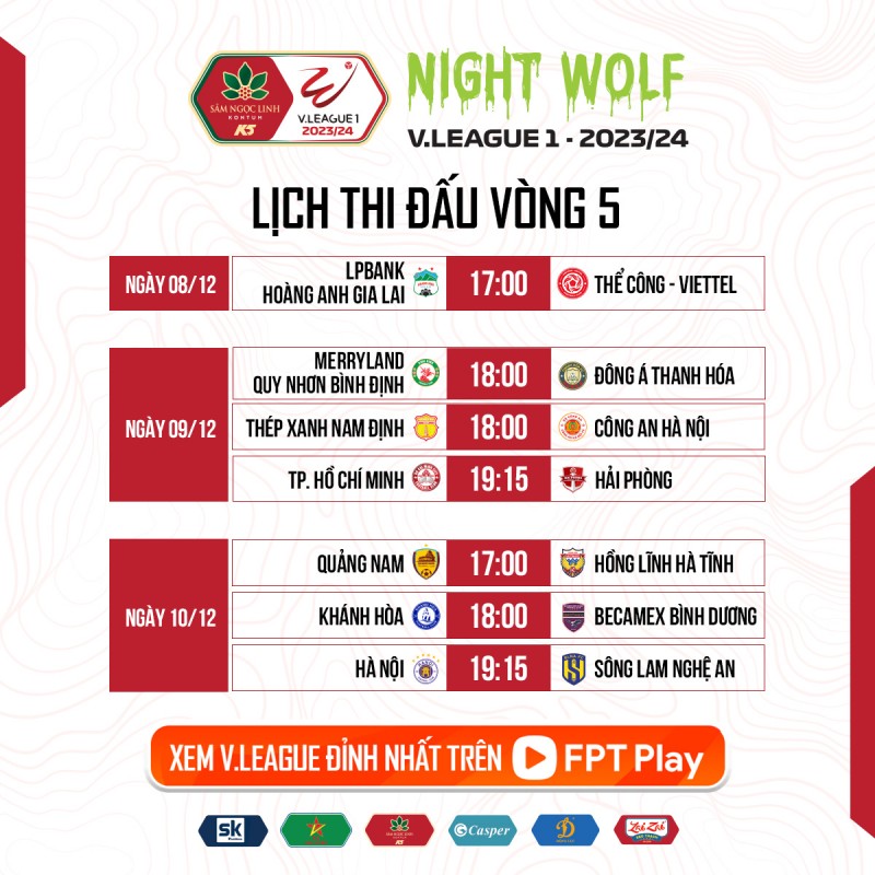 Lịch thi đấu tại vòng 5 V-League 2023/2024