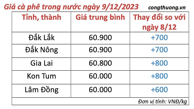 Thị trường cà phê trong nước ngày 9/12/2023