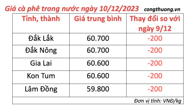 Giá cà phê hôm nay, ngày 10/12/2023: Giá cà phê trong nước