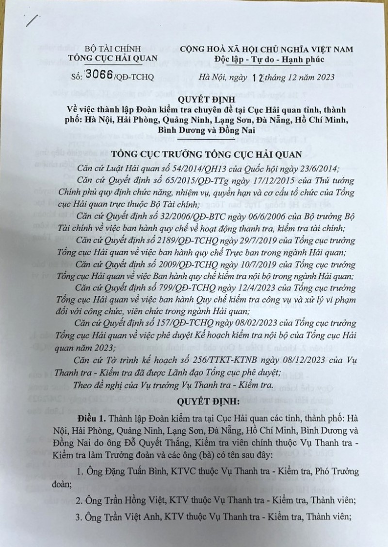 Kiểm tra chấp hành kỷ luật tại Hải quan Hà Nội, Hải Phòng, TP.Hồ Chí Minh và một số tỉnh thành