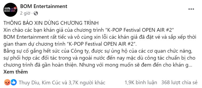 Đơn vị tổ chức BOM Entertainment chính thức thông báo hủy sự kiện âm nhạc OPEN AIR K-POP FESTIVAL #2. Ảnh chụp màn hình