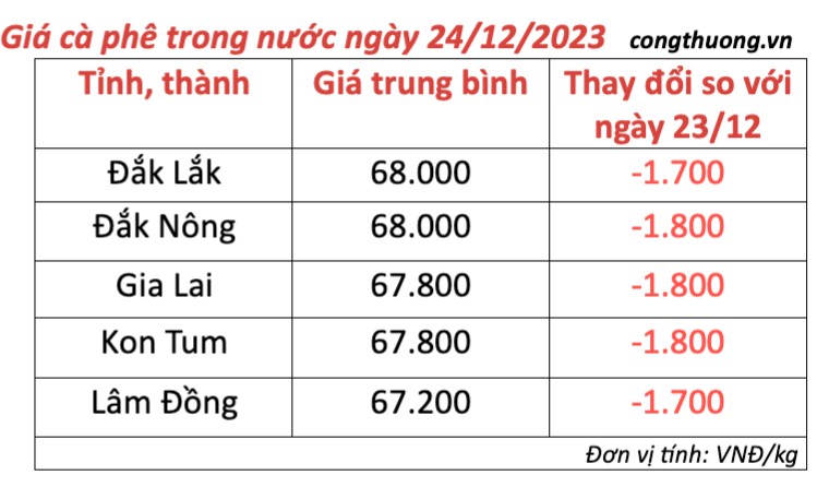 Giá cà phê hôm nay, ngày 24/12/2023: Giá cà phê trong nước