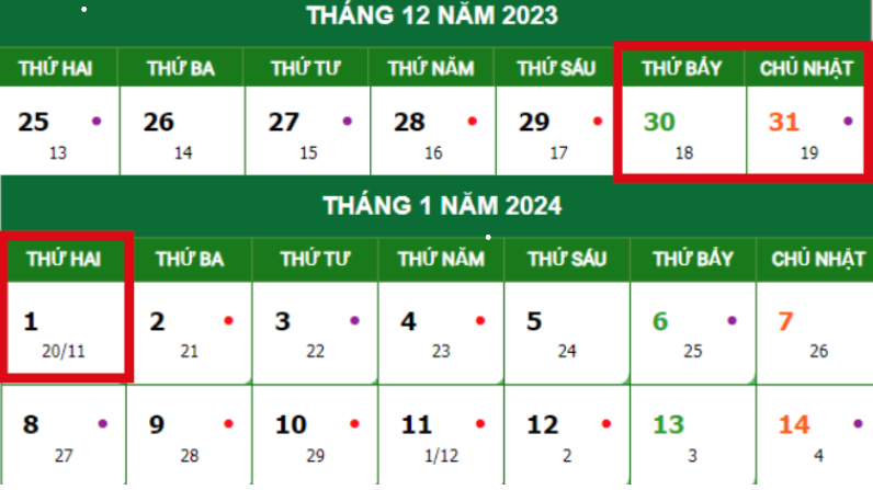 Chi tiết lịch nghỉ Tết Dương lịch 2024