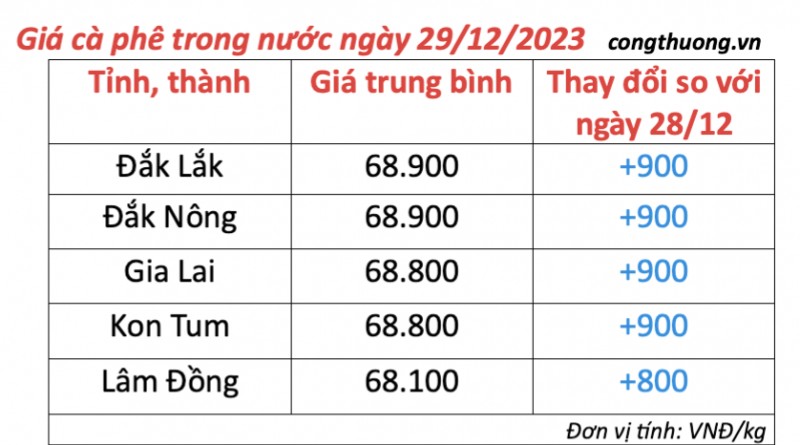 Giá cà phê hôm nay, ngày 29/12/2023: Giá cà phê trong nước