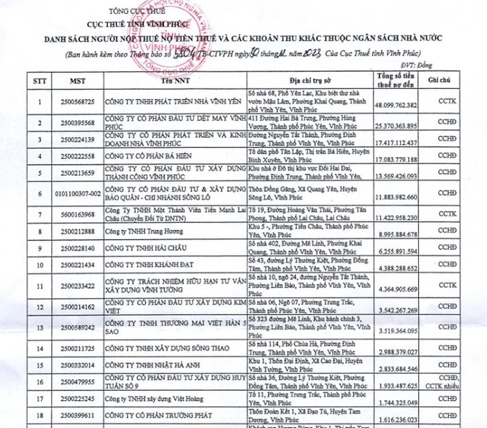 Công ty Phát triển nhà Vĩnh Yên nợ thuế hơn 48 tỷ đồng