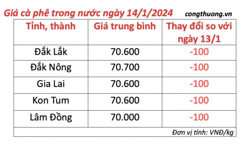 Giá cà phê hôm nay, ngày 14/1/2024: Giá cà phê trong nước giảm nhẹ