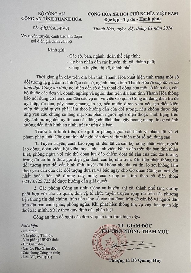 Thanh Hóa: Cảnh giác thủ đoạn giả danh lãnh đạo Công an tỉnh nhằm lừa đảo, chiếm đoạt tài sản