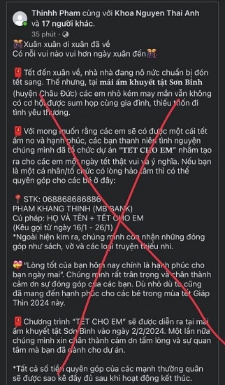 Bà Rịa - Vũng Tàu: Mạo nhận cơ sở nuôi dưỡng trẻ khuyết tật để kêu gọi ủng hộ tiền