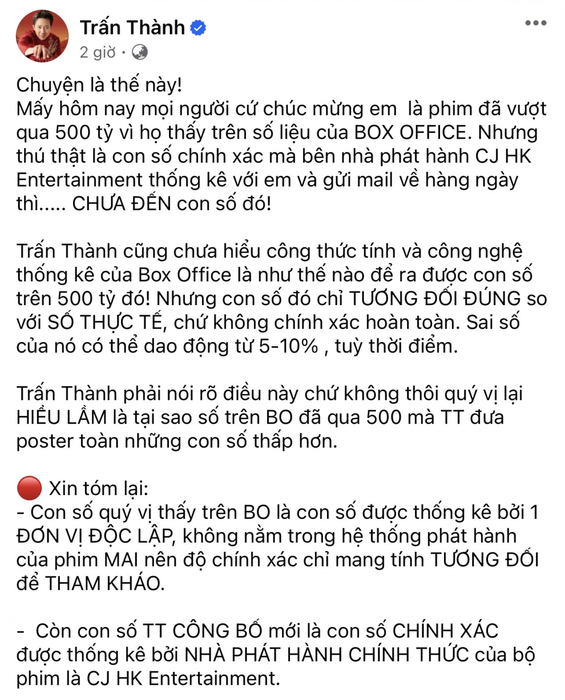 Trấn Thành nói thống kê phim “Mai” trên Box Office là chưa chính xác