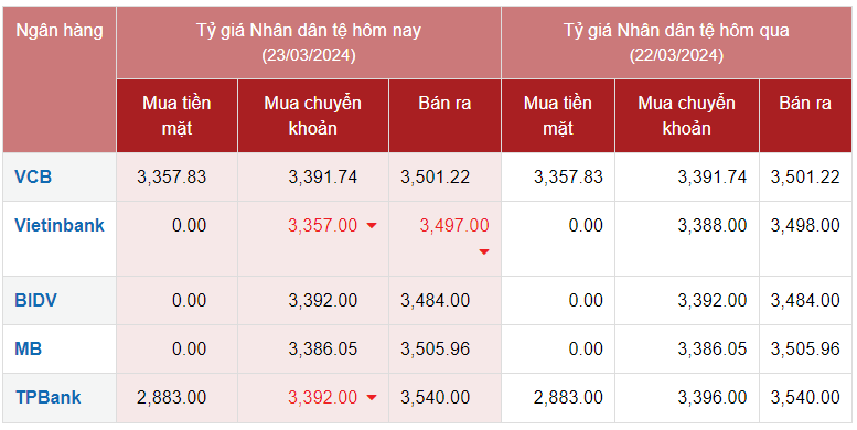 Tỷ giá Nhân dân tệ hôm nay 23/3/2024: