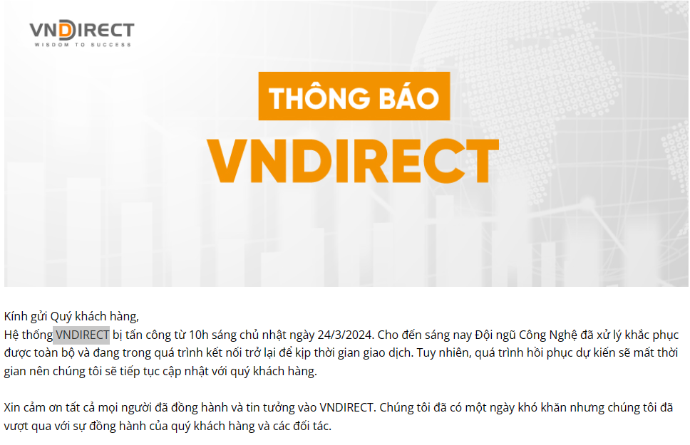 Hệ thống VNDirect vẫn chưa hoạt động bình thường trở lại