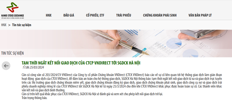 Hệ thống bị tấn công, Sở giao dịch Chứng khoán Hà Nội ngắt kết nối với Công ty Chứng khoán VNDirect