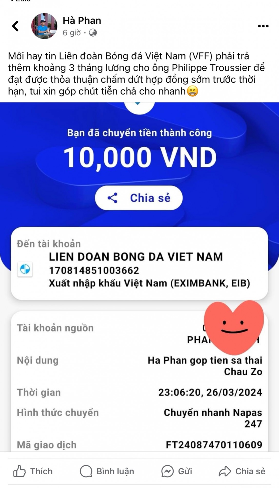 Cổ động viên Việt Nam “đua nhau” chuyển tiền yêu cầu sa thải HLV Troussier