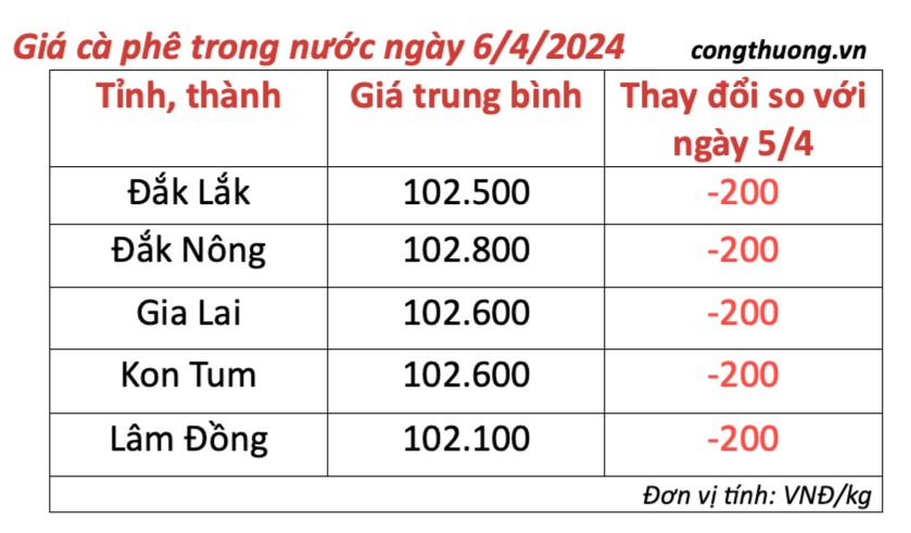 Giá cà phê hôm nay, 6/4/2024: Giá cà phê trong nước giảm nhẹ