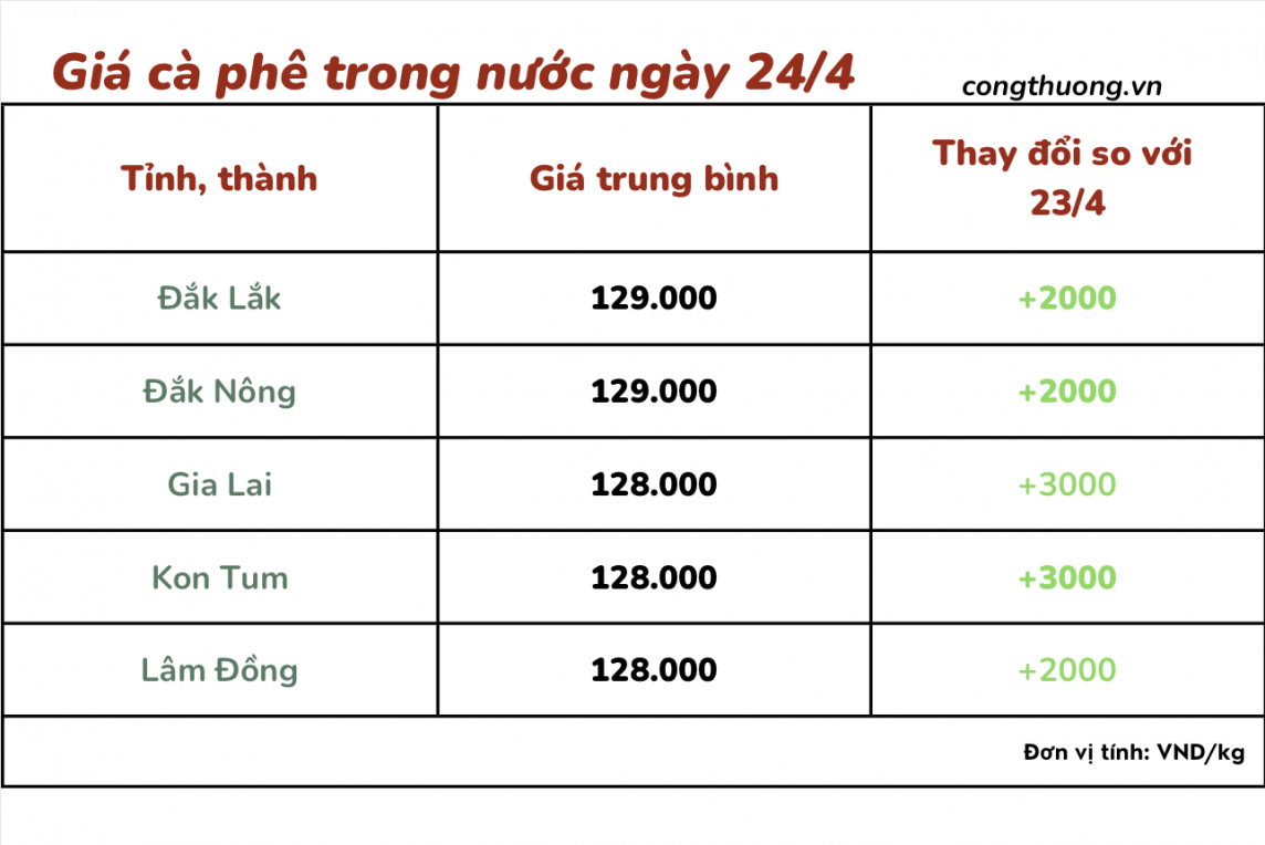 Giá cà phê 24/4, giá cà phê trong nước ngày 24/4/2024