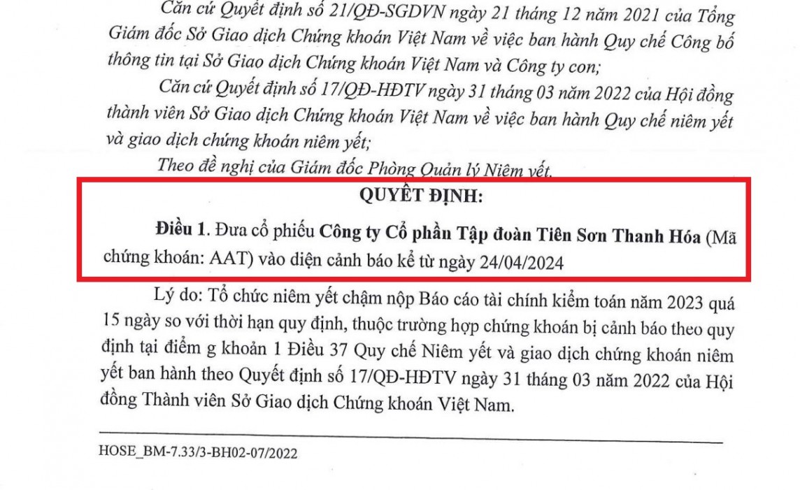 Vì sao cổ phiếu của Tập đoàn Tiên Sơn bị đưa vào diện cảnh báo?