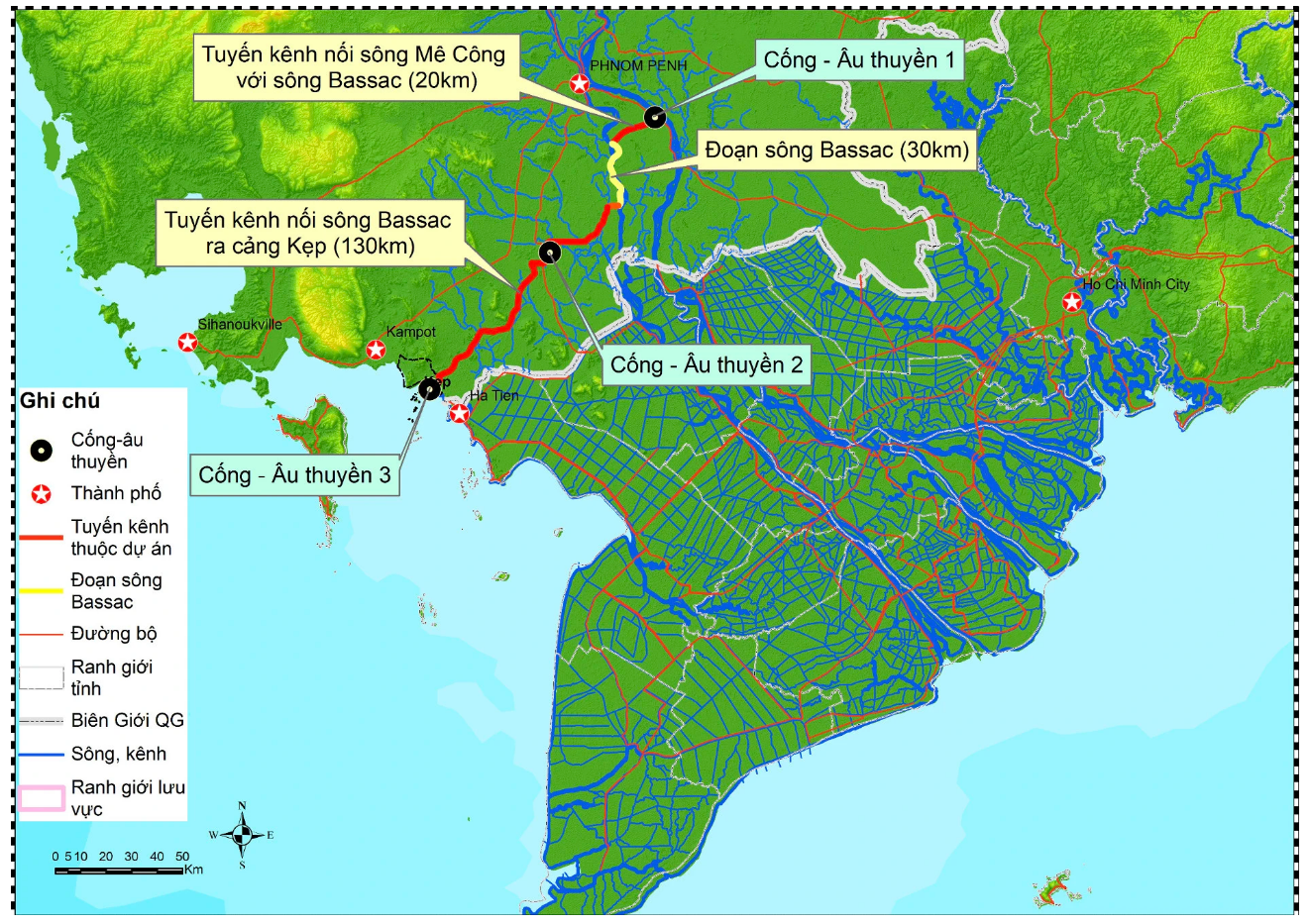 Sơ đồ kênh đào Phù Nam - Techo của Campuchia. Ảnh: Ủy ban sông Mê Công Việt Nam