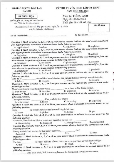 Sở GD&ĐT Hà Nội công bố cấu trúc và đề minh hoạ các môn thi tuyển lớp 10 THPT