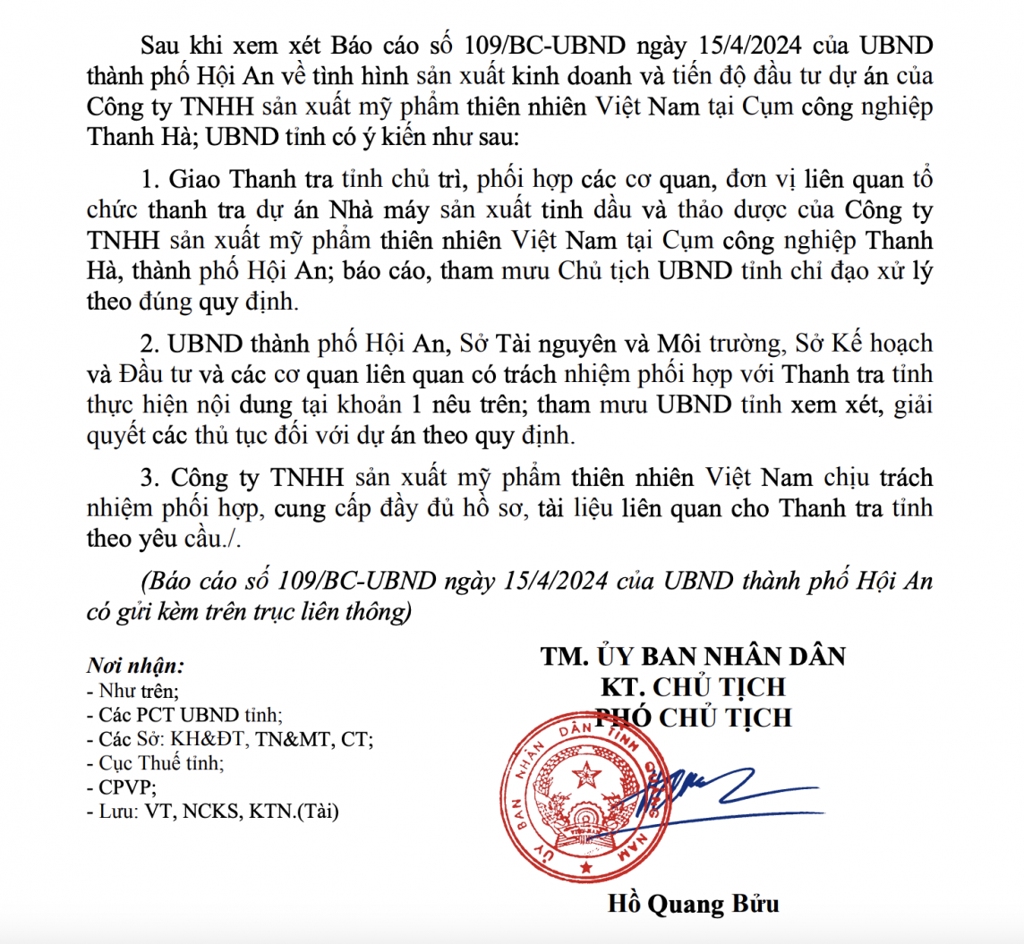 Quảng Nam: Thanh tra dự án của Công ty TNHH sản xuất mỹ phẩm thiên nhiên Việt Nam