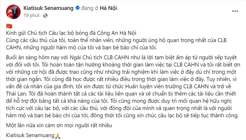 HLV Kiatisuk bất ngờ chia tay CLB Công An Hà Nội