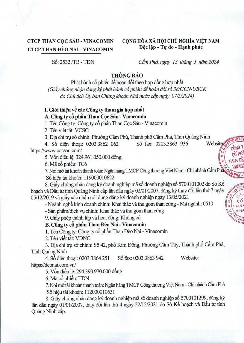 Than Đèo Nai-Vinacomin và Than Cọc Sáu-Vinacomin thông báo phát hành cổ phiếu để hoán đổi theo hợp đồng hợp nhất