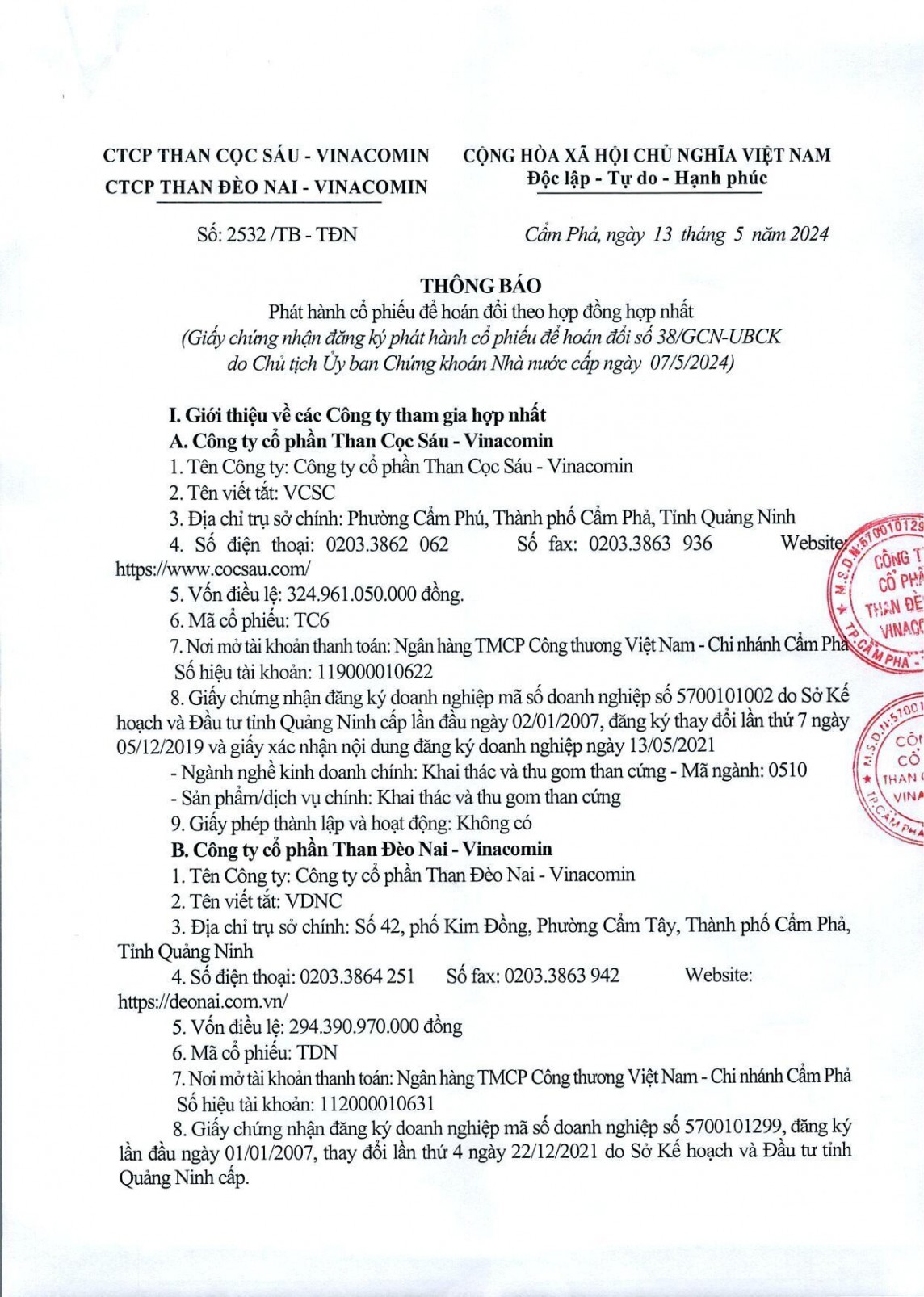 Công ty Cổ phần Than Đèo Nai - Vinacomin thông báo về việc hoán đổi cổ phiếu để thực hiện hợp nhất