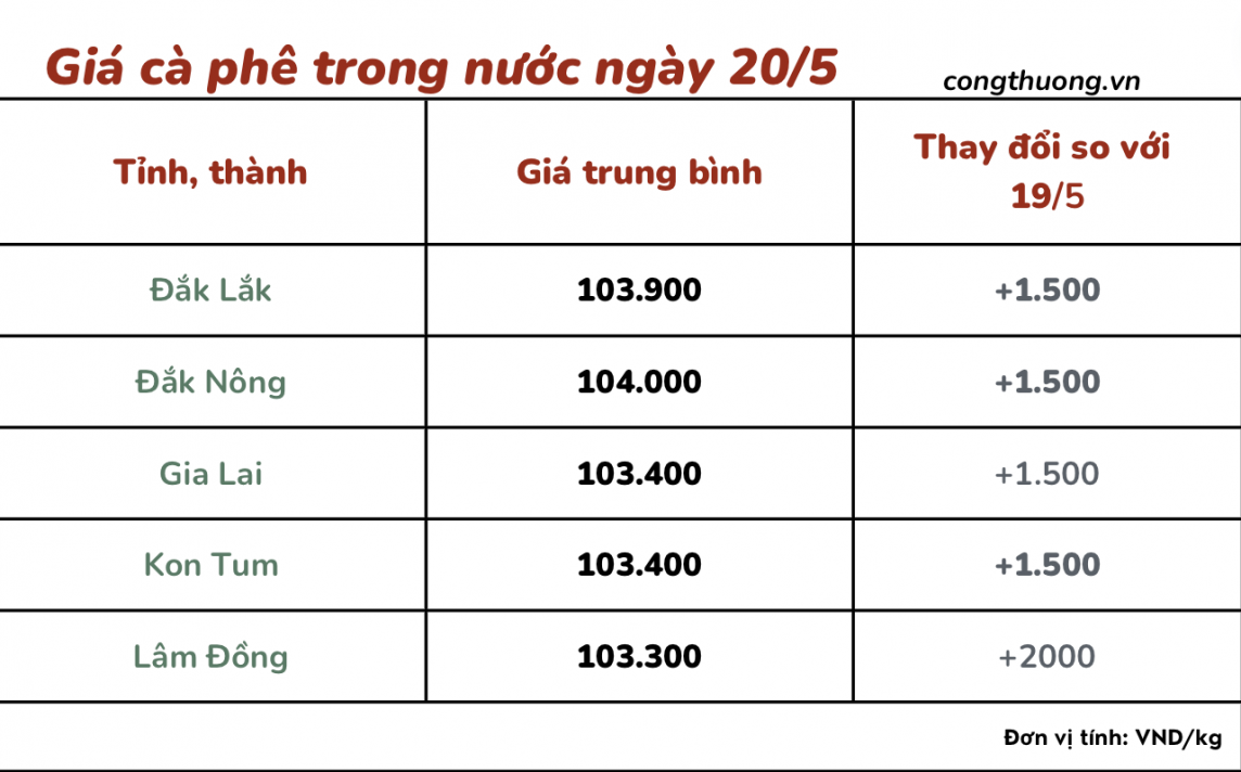 Giá cà phê 20/5, giá cà phê trong nước ngày 20/5/2024