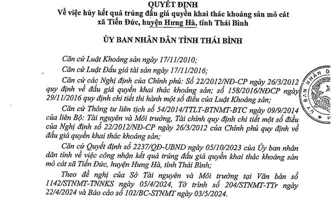 Thái Bình: Hủy bỏ kết quả trúng đấu giá mỏ cát đối với Công ty Nam Trung Hải