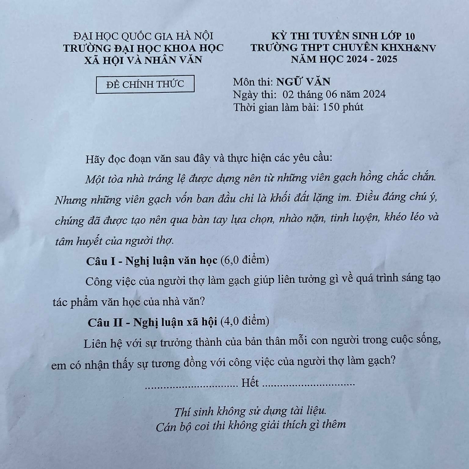 Đề thi Văn, Sử, Địa lớp 10 Trung học phổ thông Chuyên Khoa học Xã hội & Nhân văn không quá khó