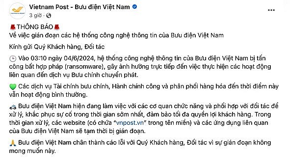 Fanpage Vietnam Post - Bưu điện Việt Nam xác nhận hệ thống CNTT đang bị tấn công. Ảnh chụp màn hình