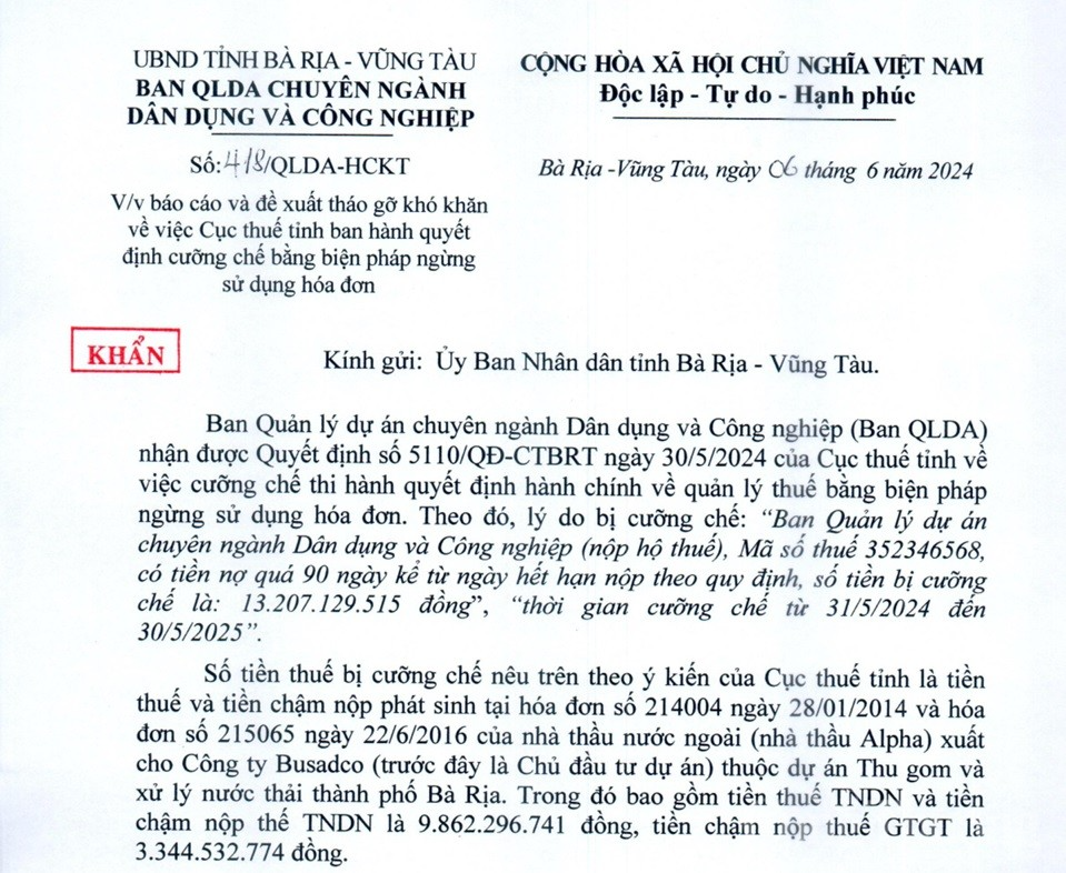 Vụ Ban QLDA ở Bà Rịa - Vũng Tàu nợ thuế: Kiến nghị thu hồi quyết định cưỡng chế thuế