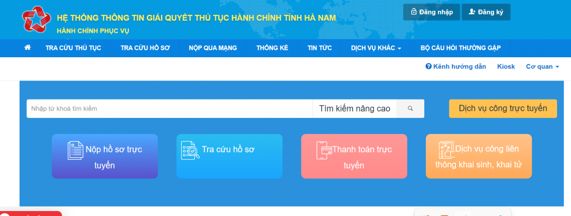 Hệ thống thông tin giải quyết thủ tục hành chính tỉnh Hà Nam - Ảnh chụp màn hình