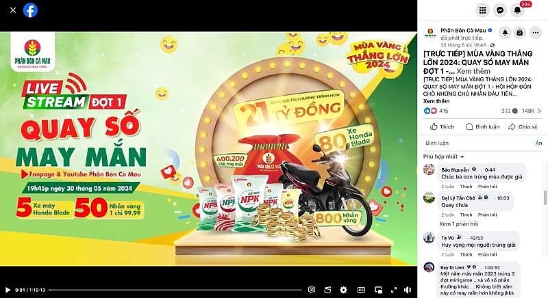 Livestream Mùa Vàng Thắng Lớn được phát định kỳ ngày 15 và/hoặc 30 hàng tháng trên fanpage & youtube Phân Bón Cà Mau