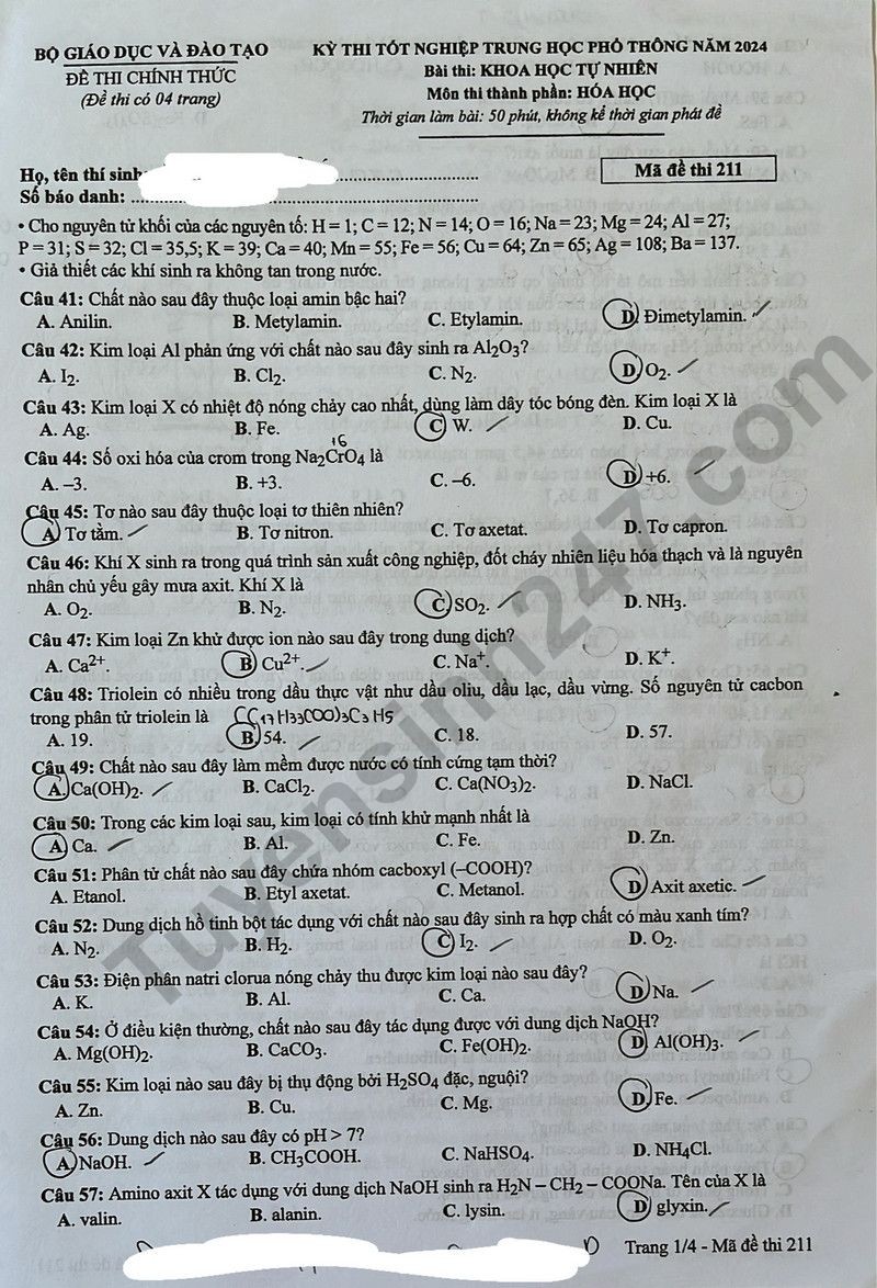 Cập nhật Đề thi và đáp án môn Hoá học mã đề 211 tốt nghiệp THPT 2024