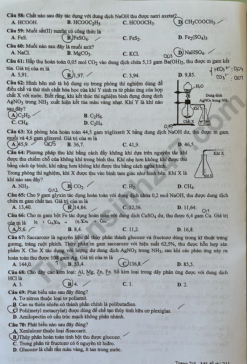 Cập nhật Đề thi và đáp án môn Hoá học mã đề 211 tốt nghiệp THPT 2024