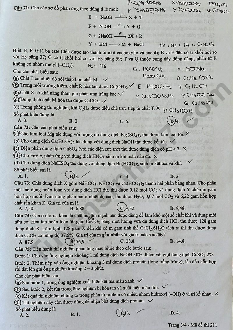 Cập nhật Đề thi và đáp án môn Hoá học mã đề 211 tốt nghiệp THPT 2024