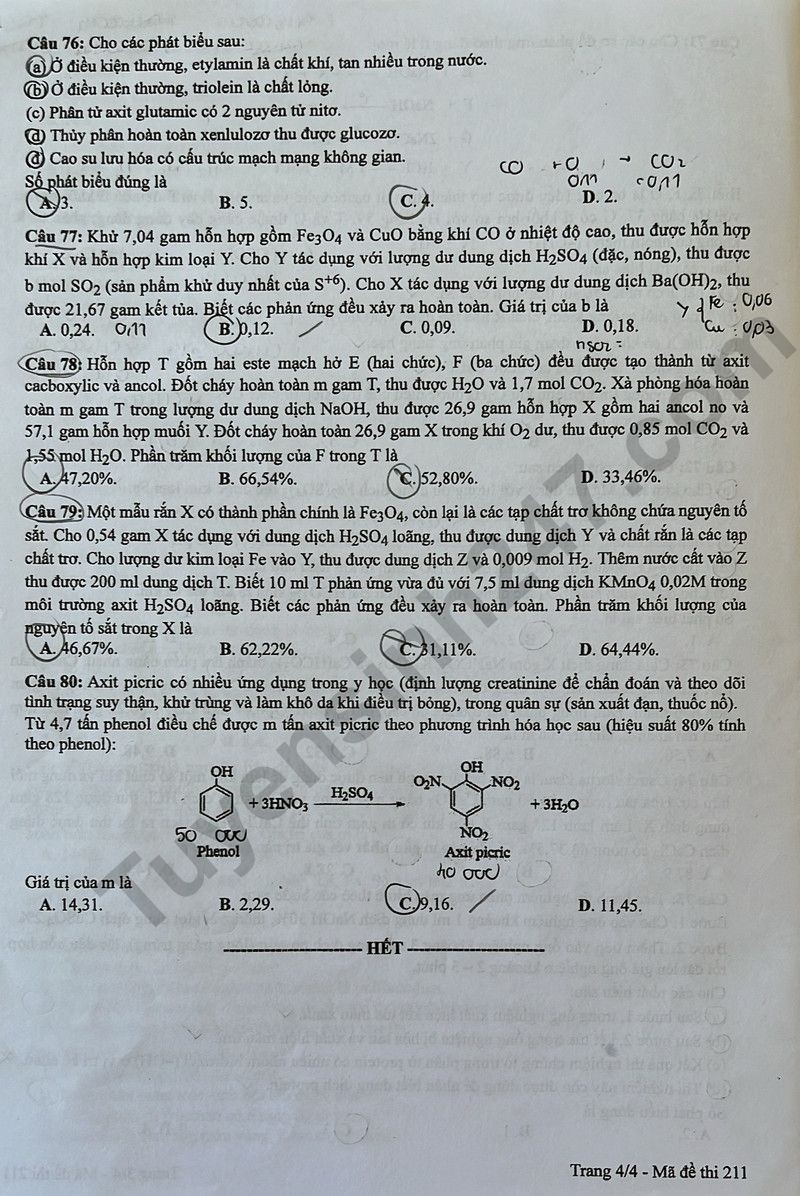 Cập nhật Đề thi và đáp án môn Hoá học mã đề 211 tốt nghiệp THPT 2024