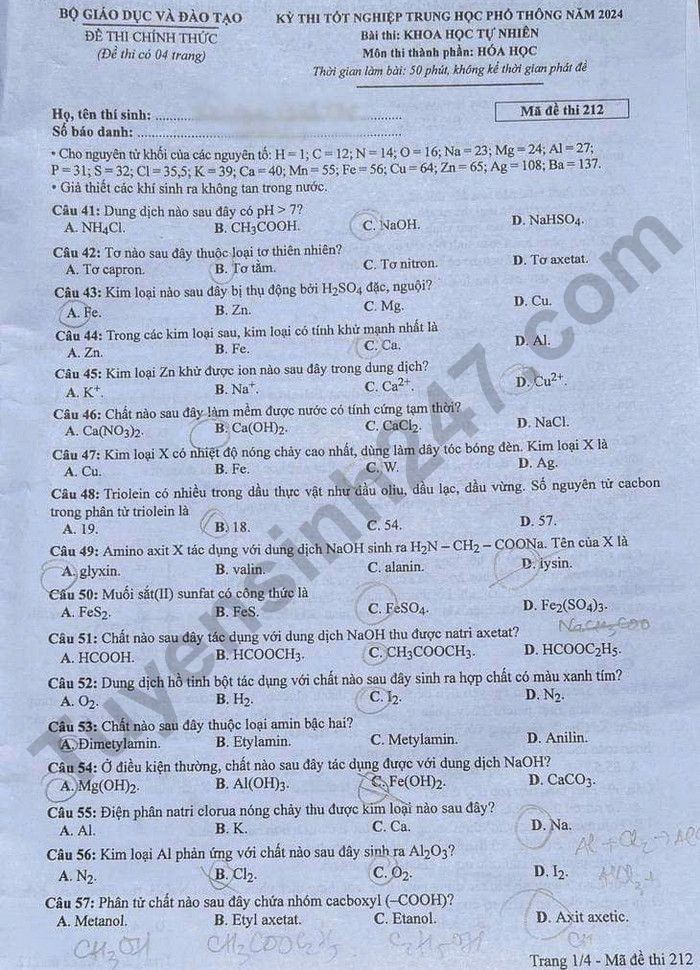 Cập nhật Đề thi và đáp án môn Hoá học mã đề 212 tốt nghiệp THPT 2024