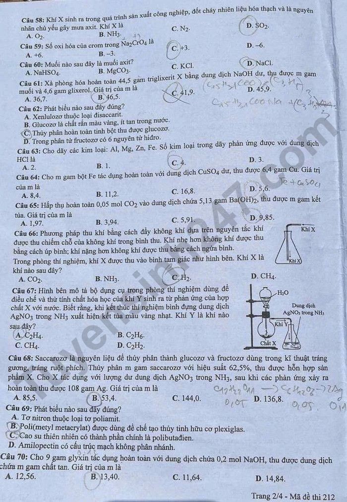 Cập nhật Đề thi và đáp án môn Hoá học mã đề 212 tốt nghiệp THPT 2024