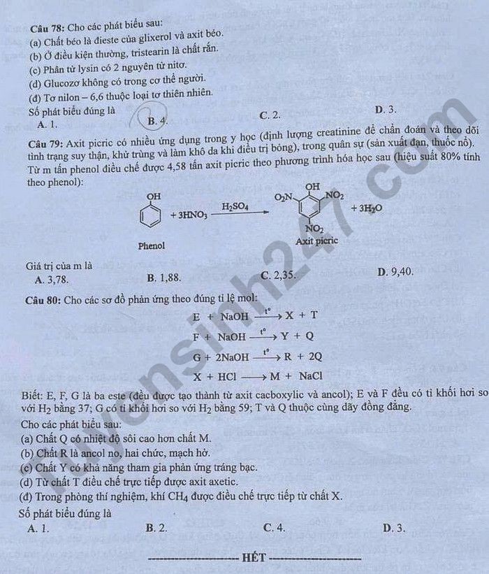 Cập nhật Đề thi và đáp án môn Hoá học mã đề 212 tốt nghiệp THPT 2024