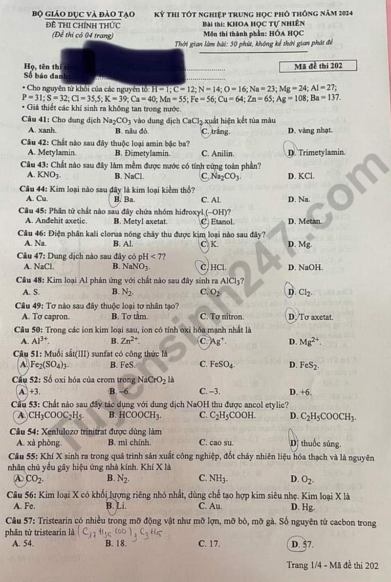 Cập nhật Đề thi và đáp án môn Hoá học mã đề 202 tốt nghiệp THPT 2024