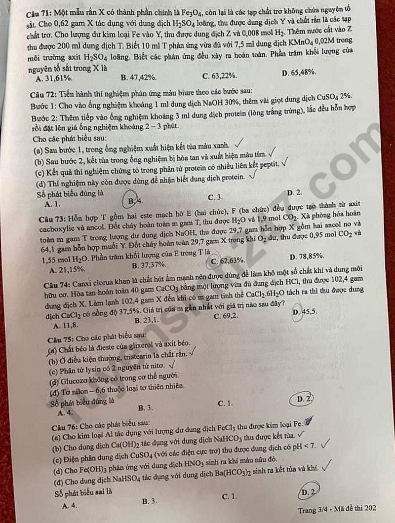 Cập nhật Đề thi và đáp án môn Hoá học mã đề 202 tốt nghiệp THPT 2024