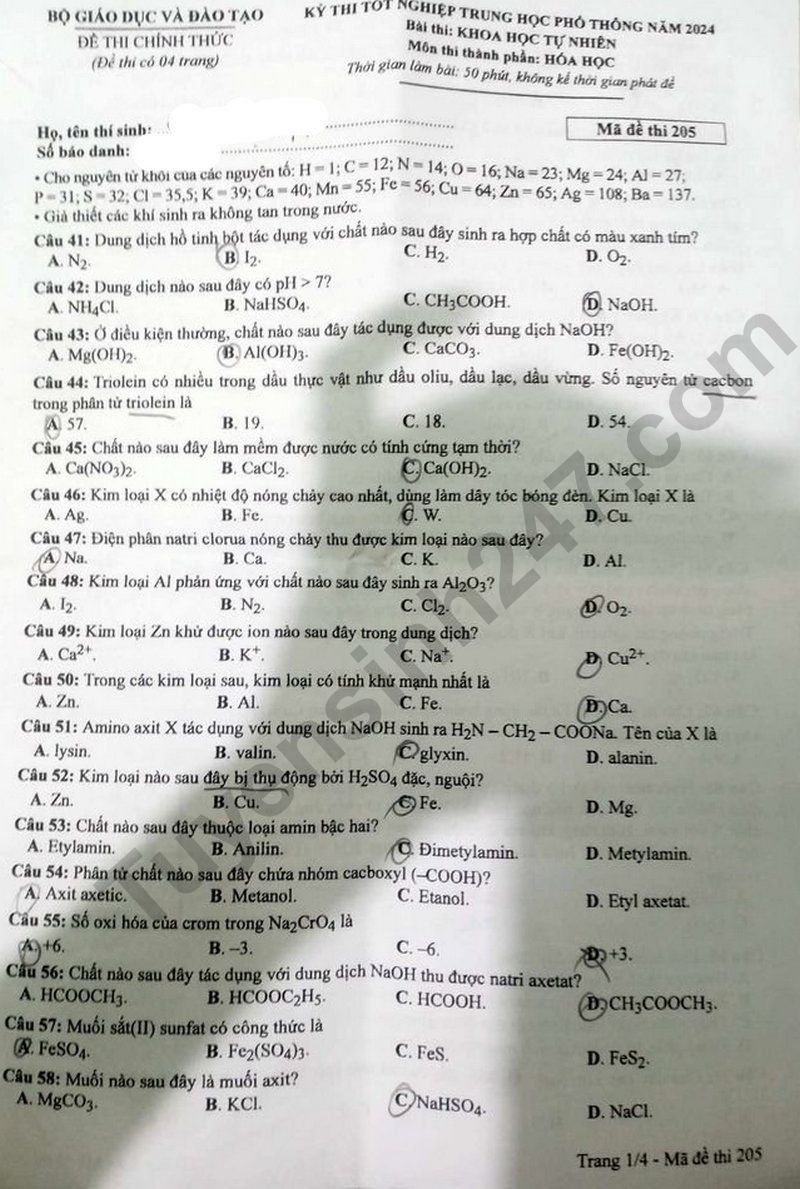 Cập nhật Đề thi và đáp án môn Hoá học mã đề 205 tốt nghiệp THPT 2024