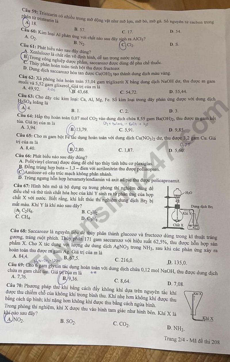 Cập nhật Đề thi và đáp án môn Hoá học mã đề 208 tốt nghiệp THPT 2024