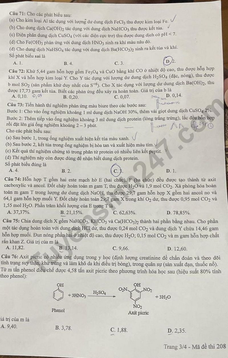 Cập nhật Đề thi và đáp án môn Hoá học mã đề 208 tốt nghiệp THPT 2024