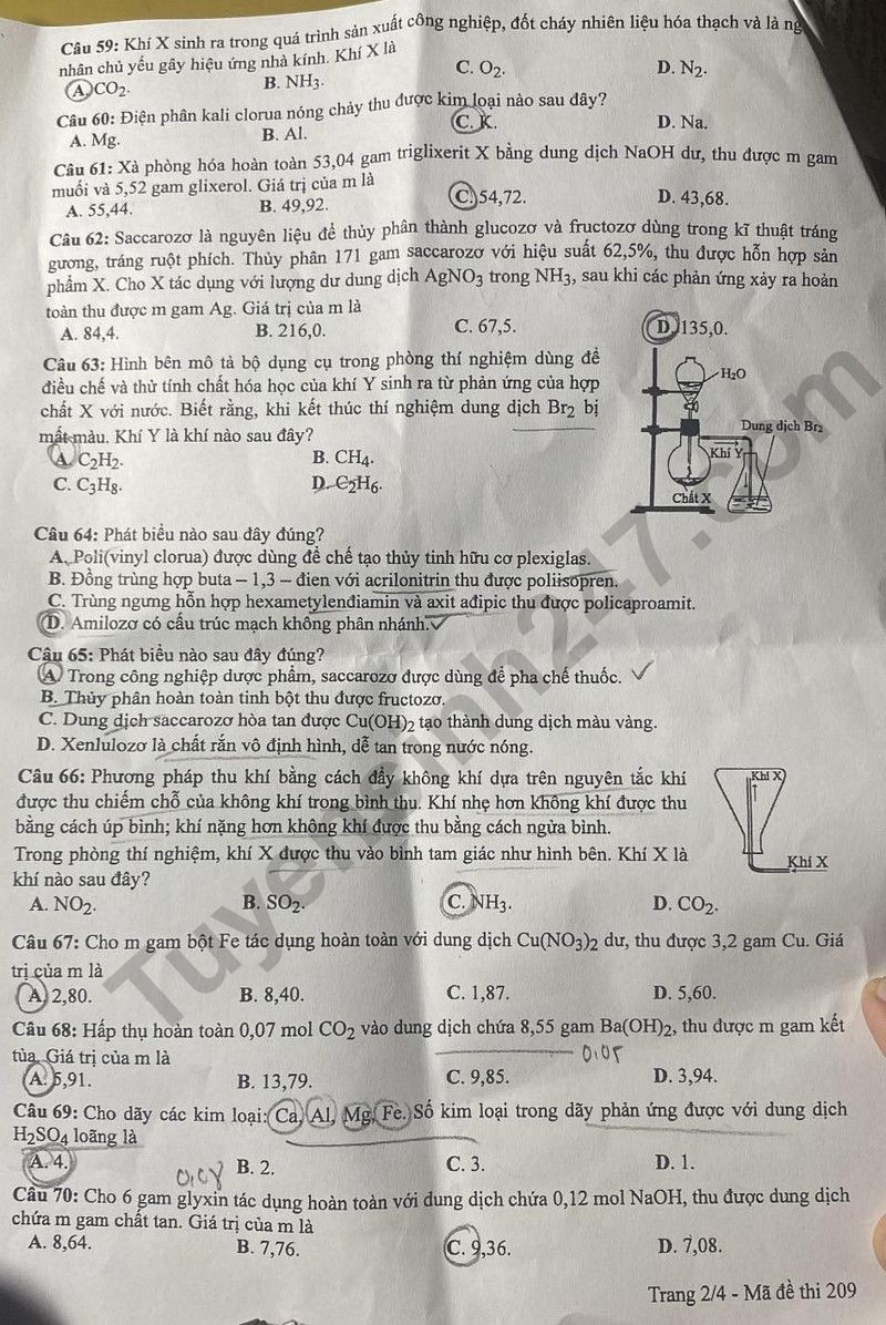 Cập nhật Đề thi và đáp án môn Hoá học mã đề 209 tốt nghiệp THPT 2024