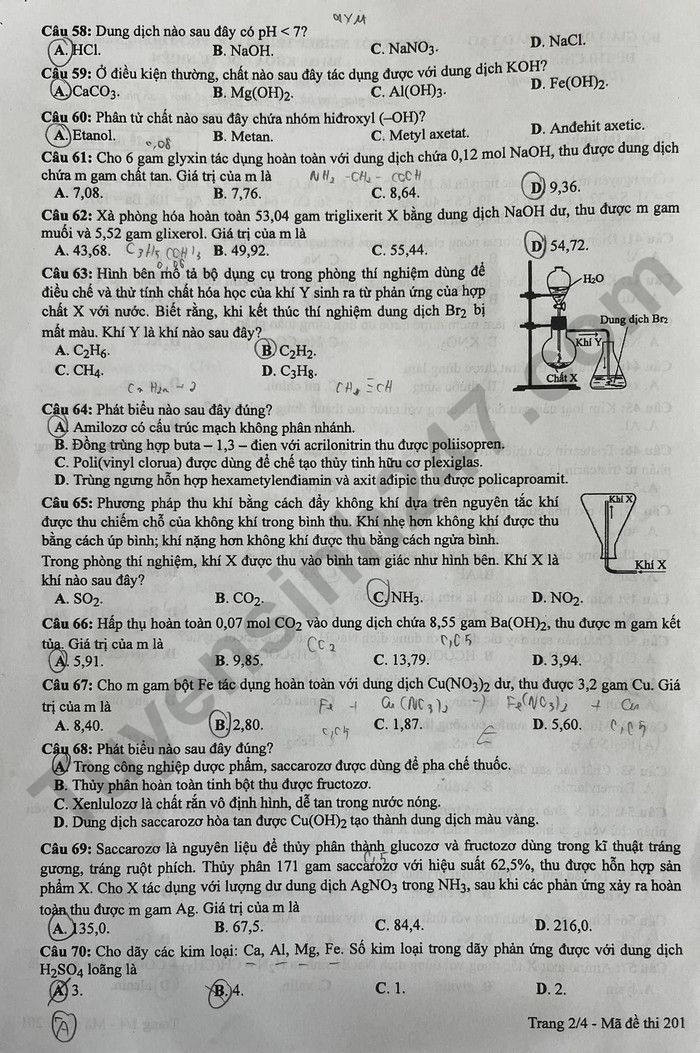 Cập nhật Đề thi và đáp án môn Hoá học mã đề 201 tốt nghiệp THPT 2024