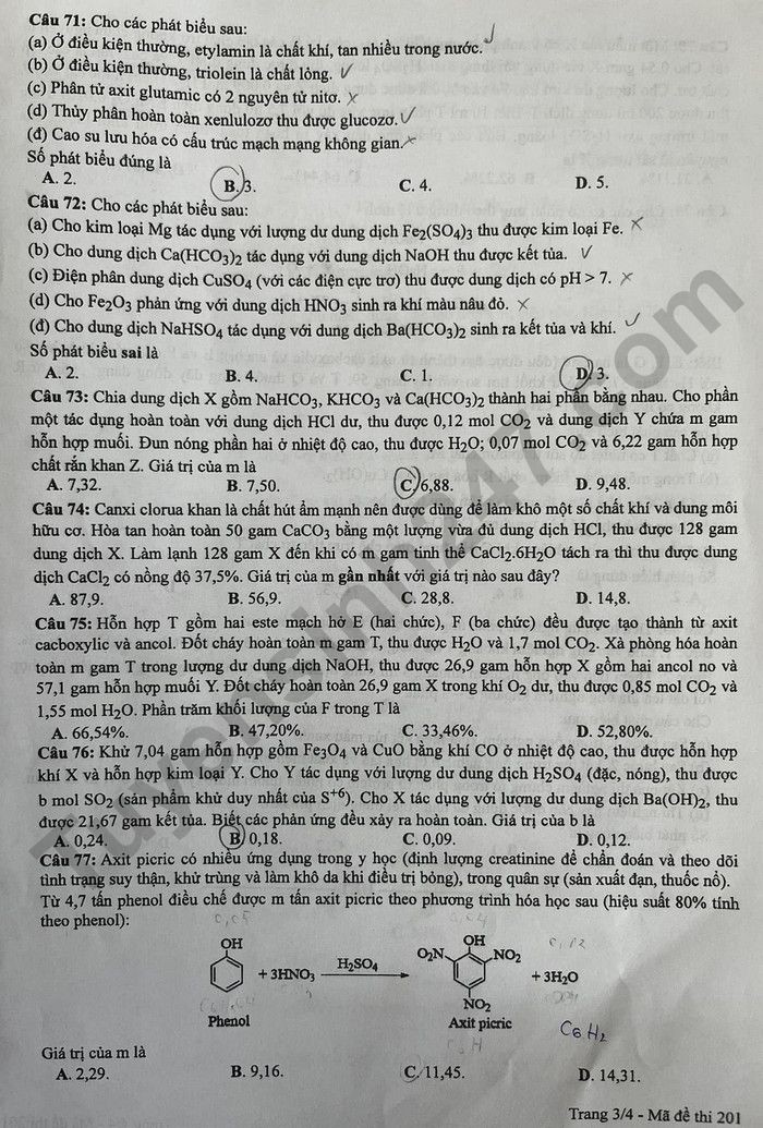 Cập nhật Đề thi và đáp án môn Hoá học mã đề 201 tốt nghiệp THPT 2024