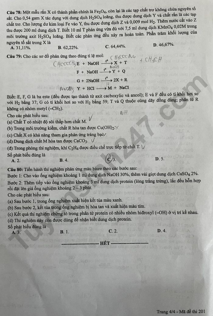 Cập nhật Đề thi và đáp án môn Hoá học mã đề 201 tốt nghiệp THPT 2024