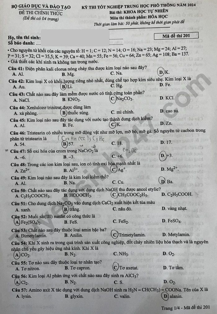 Cập nhật Đề thi và đáp án môn Hoá học mã đề 201 tốt nghiệp THPT 2024